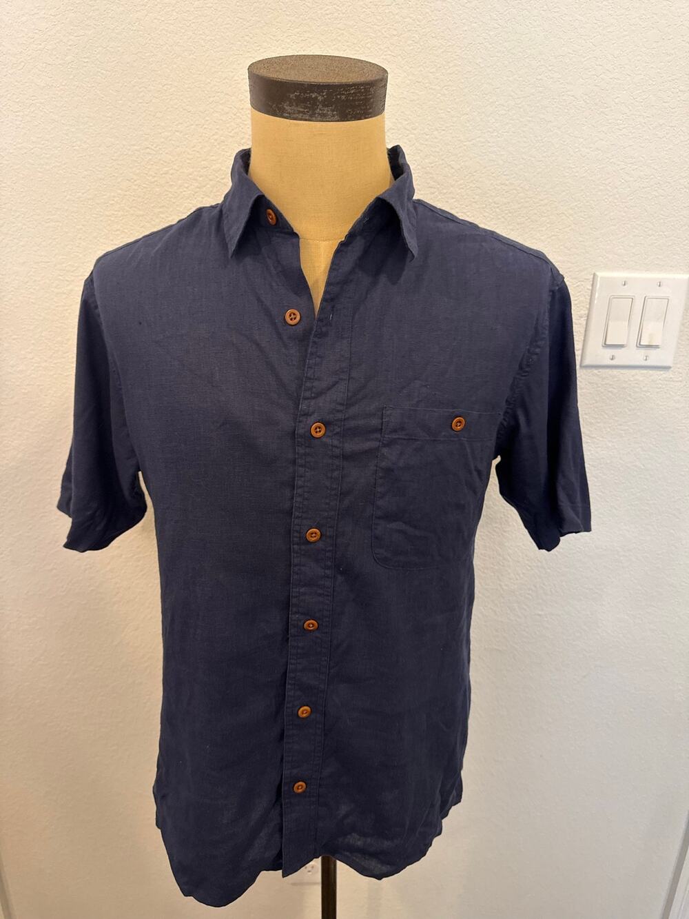 ORVIS Navy 100% Linen Short Sleeve Casual Button Up Shirt Men size M
